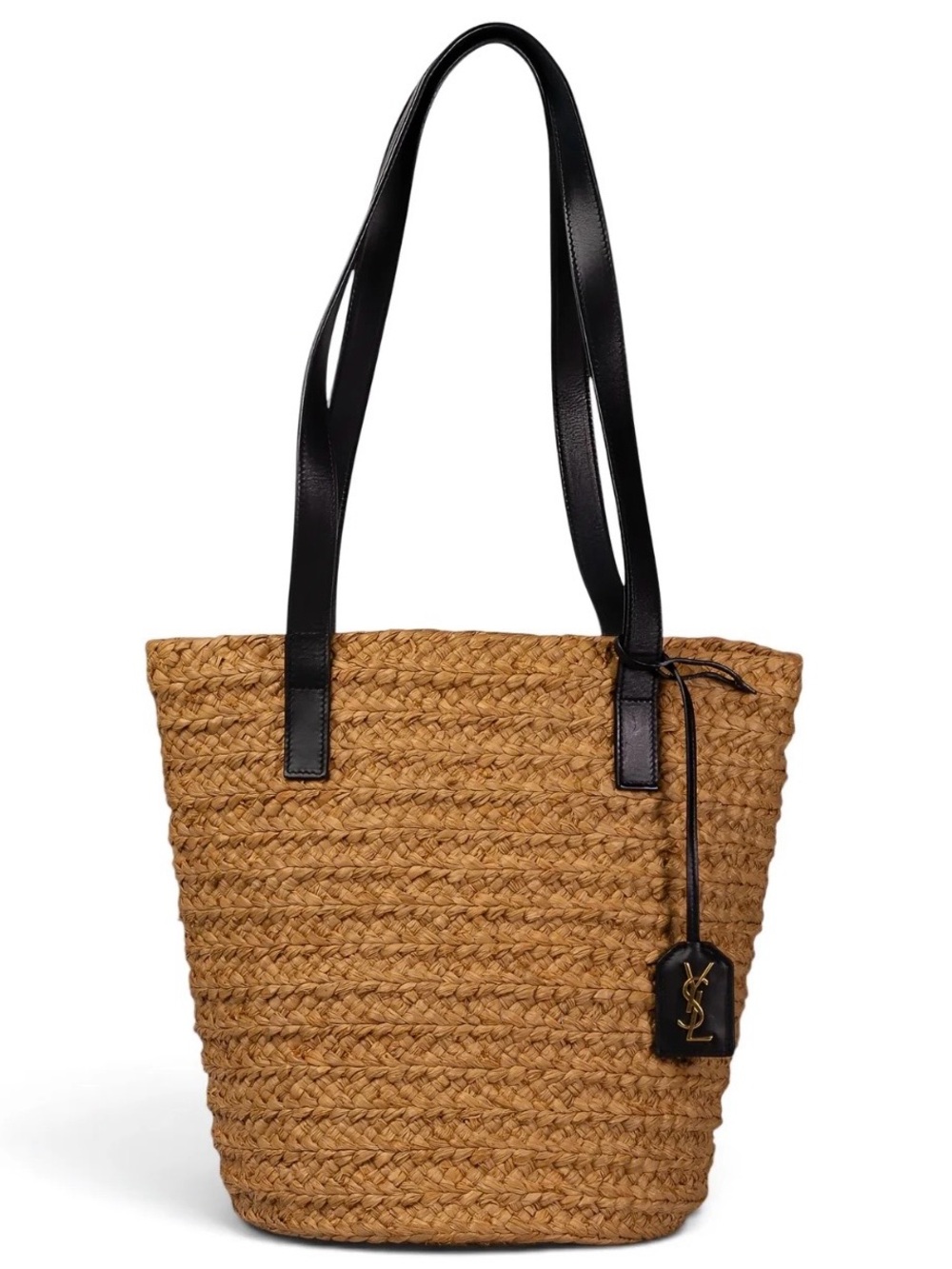 Saint Laurent Tan Woven Straw Tote with Black Leather Straps